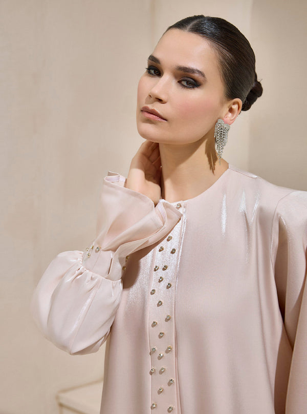 Elegant Pearl-Embellished Satin Abaya - Soft Blush