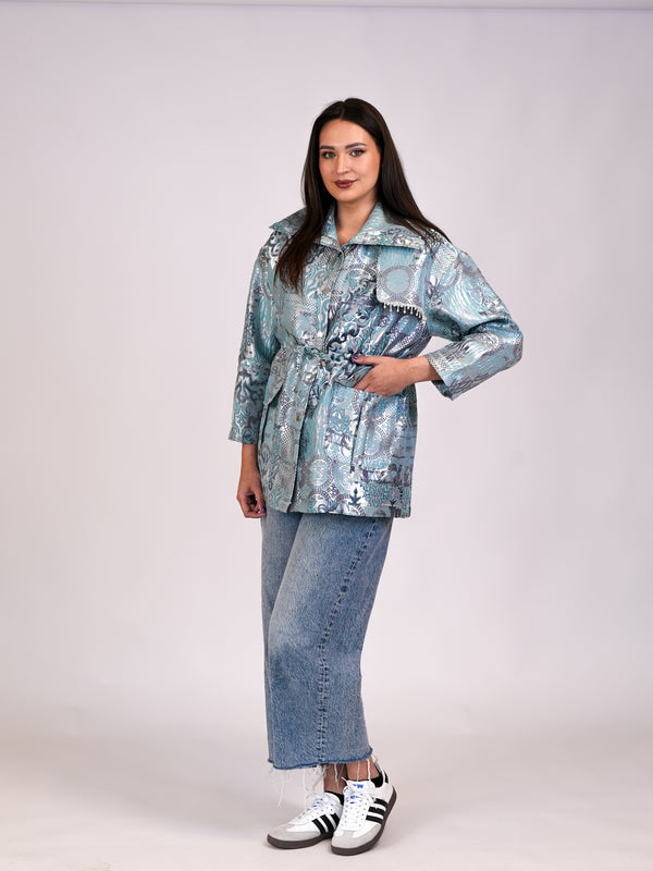 Ornate Turquoise Brocade Belted Jacket