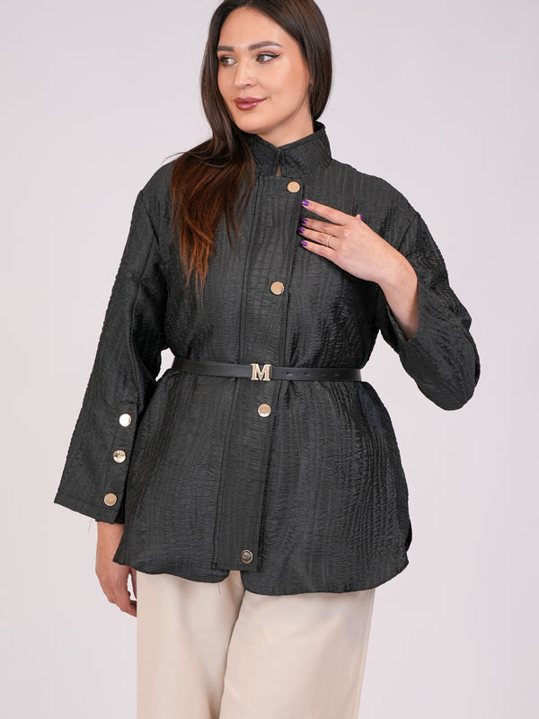 Textured Black Shirt Jacket with Gold Buttons