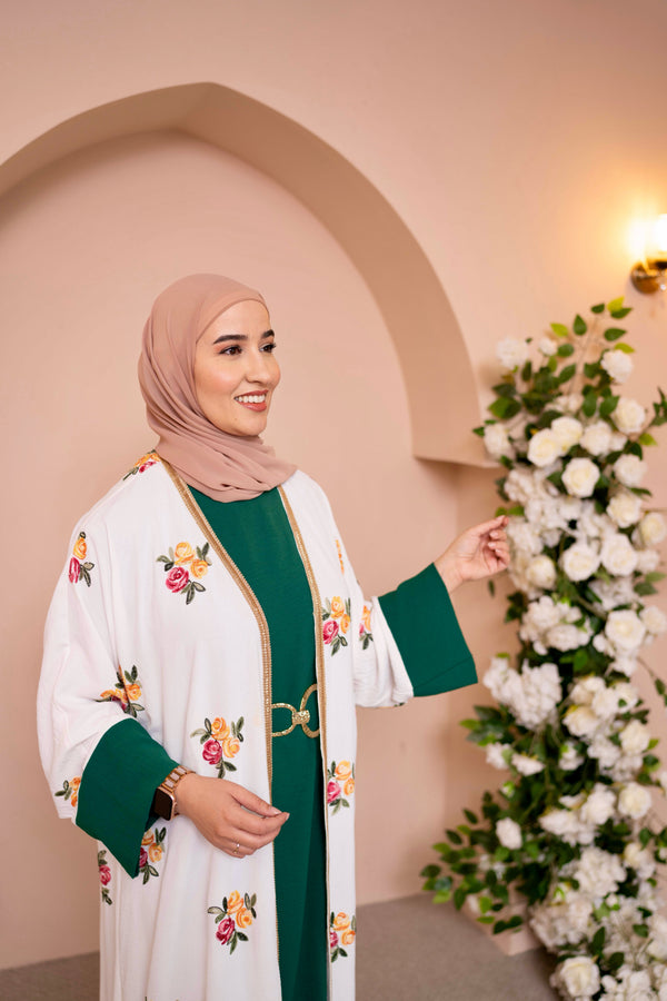 White Embroidered Abaya with Floral Motifs