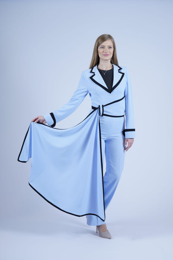 Blue and black jumpsuit with front belt
