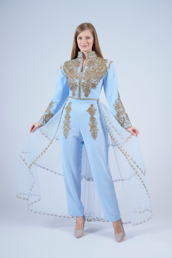 Royal blue set embroidered with bronze threads